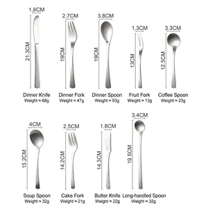 Size chart for 304 stainless steel matte hammered cutlery set with 9 specific pieces
