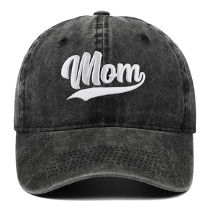 Classic washed black cotton baseball cap featuring white Mom embroidery on the front