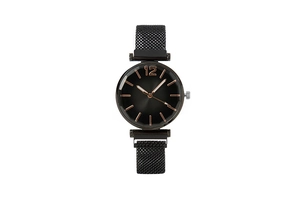 Detail of the black mesh Milanese strap and rose gold markers on this stylish women's watch