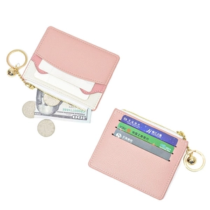 Pink lychee texture mini card holder with zipper coin pocket and gold keychain bell