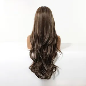 Detailed back view of 30-inch long wavy brown wig with blonde highlights and layers