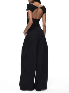 T-Shirt Dos Nu Femme Viscose Nylon Spandex Coupe Ajustée Épaules Dénudées Manches Courtes Haut Été Sexy Boucle Métal