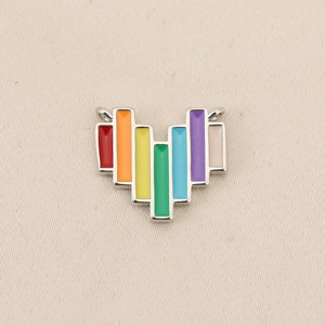 Detail of 18K gold-plated rainbow heart link pendant with colorful enamel stripes