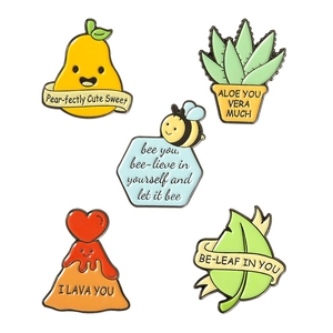 Cartoon enamel pin set featuring bee, pear and plant motifs with funny English slogans