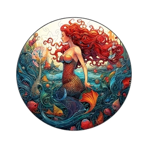 Artistic round mermaid puzzle with colorful sea elements and irregular wooden pieces