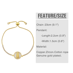 Detailed size specifications of Virgin Mary gold charm bracelet with zircon inlays