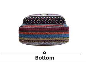 Detailed bottom view of ethnic canvas shoulder bag with striped woven geometric patterns