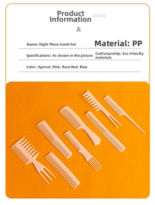 Detailed set of 8 professional pink hair styling combs made from eco-friendly PP material
