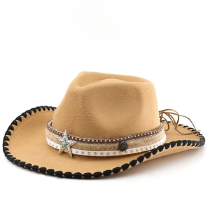 Detail of western cowboy felt hat featuring silver star studs and turquoise bead accents