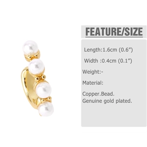 Detail view of 18k gold plated C-shaped ear cuff with four vertical white pearls and dimensions