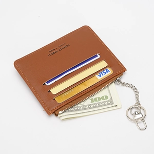Brown PU leather mini coin purse and card holder with zipper pocket and keychain