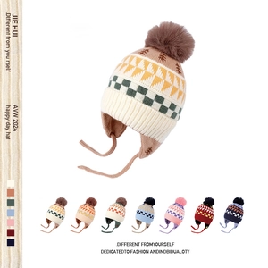 Toddler Kids Winter Knitted Earflap Hat Warm Windproof Beanie Faux Fur Pom Pom Soft Cotton Lining Jacquard Pattern