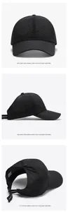 Three-way view of a black quick-dry mesh baseball cap with adjustable rear drawstring