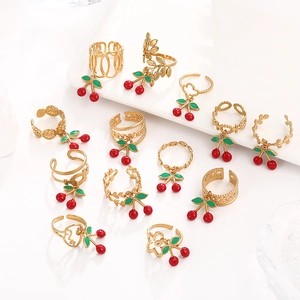 Cherry Pendant Open Ring 316L Stainless Steel 18K Gold Plated Enamel Fruit Adjustable Jewelry For Women Trendy Sweet