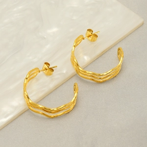 Geometric Stainless Steel Wave Hoop Earrings Gold Plated Minimalist C-Shaped Texture Fashion Jewelry Gift For Women Daily Wear