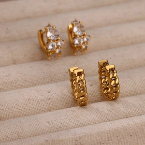 Minimalist gold hoop earrings set with zircon stones and curb chain texture for women