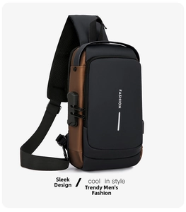 Detail view of anti-theft security combination lock on men's waterproof crossbody bag