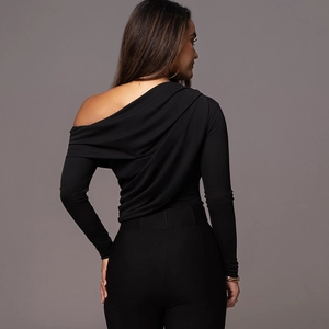 Slim fit black off-shoulder bodysuit featuring asymmetric draped back and long sleeves