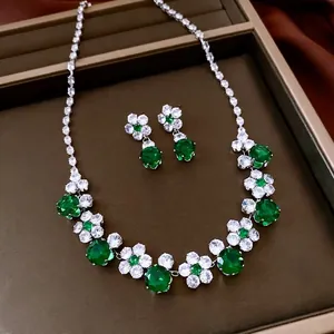 Vintage zircon flower jewelry set with emerald pendant necklace and elegant earrings