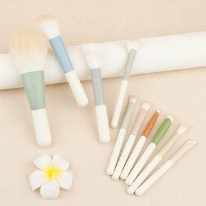 Nahaufnahme von 11 Make-up Pinseln mit weichen Borsten und matten Pastellgriffen