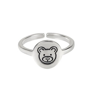 Minimalist S925 sterling silver open ring featuring a cute cartoon bear design
