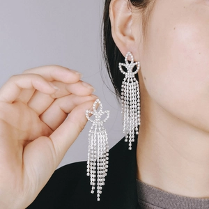 Detail of silver tassel earrings with zircon stars and long sparkling crystal chains