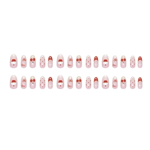 Pink cat eye press-on nails with cute strawberry cherry and festive bow designs