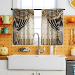 3-piece floral kitchen curtain set with valance and tiers hanging over a kitchen sink