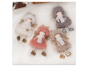 Detailed view of four handmade plush Christmas angel dolls with glittering wings on faux fur