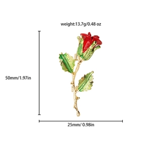 Detailed dimensions of a luxury rose brooch in red and gold with 50mm height and weight