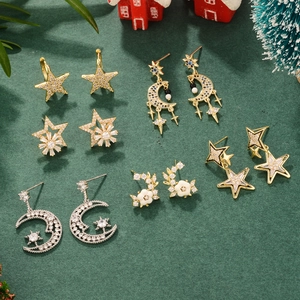 Star Moon Dangle Earrings With 925 Sterling Silver Earring Post Gold Plated Copper Cubic Zirconia Holiday Jewelry For Women