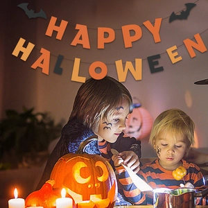 Happy Halloween banner set with orange and black cards featuring bats for festive decoration