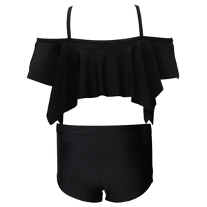Girls' black two-piece swimsuit with ruffle top and high-waisted shorts on white background