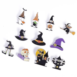 11-piece Halloween enamel pin set with wizard gnomes, pumpkins, and haunted castles