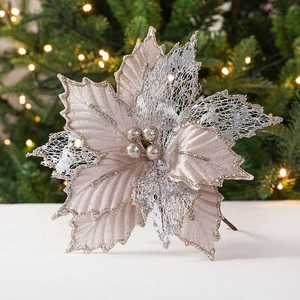 Champagne and silver artificial poinsettia flower with lace petals for Christmas decor