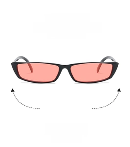 Detailed view of trendy narrow rectangular sunglasses with black frames and red lenses