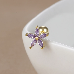 Macro detail of purple flower zircon stud earring with 18K gold-plated screw back ball