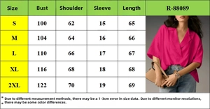 Detailed size chart for women's short sleeve solid casual shirt with measurements