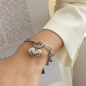 Polished silver heart pendant bracelet with layered chunky chain links for women