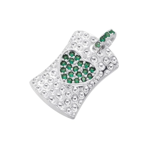 Macro detail of silver rectangular pendant with hammered texture and green crystal heart