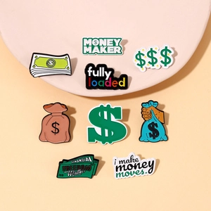 Detail view of 9-piece set of money-themed enamel pins with financial freedom slogans