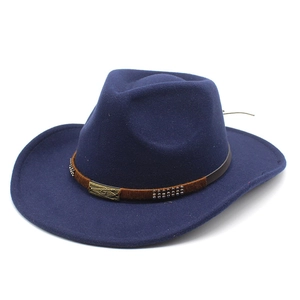 Detailed view of navy blue wool cowboy hat with brown faux leather belt and metal buckle