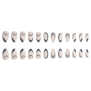 Minimalist almond press-on nails with cream base and grey abstract swirl line patterns