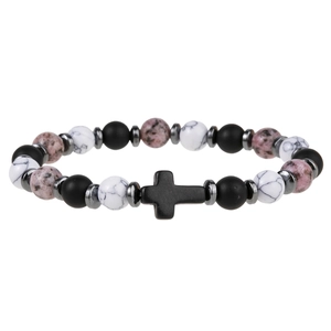 Elastic beaded bracelet with black matte, snowflake, and pink stones with a metal cross