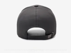 Detailed back view of a dark gray twill baseball cap with an adjustable metal sliding buckle