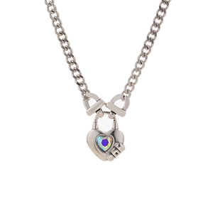 Silver heart lock necklace with iridescent gemstone on a minimalist chain