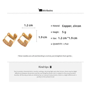 Size chart showing gold V-shaped earrings with zircons measuring 1.2 cm by 1.9 cm