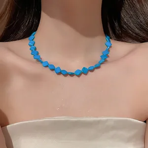 Rhombus turquoise beaded necklace for women, stylish beach style collar jewelry piece