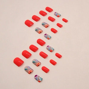 Short square floral press-on nails set with red glossy finish and flower patterns
