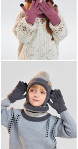 Detailed knit texture of children winter set with earflaps and touch screen gloves